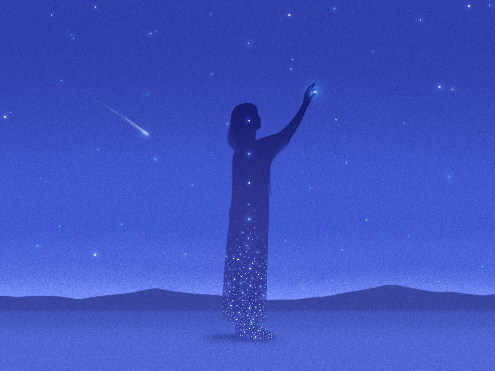 A silhouette of a woman reaches out for a star on the blue backdrop of a night sky.