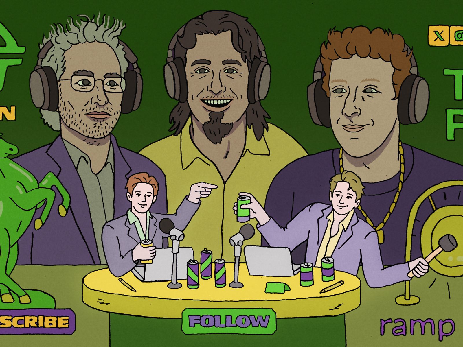 Tech CEO's listening to a podcast with hosts and energy drink